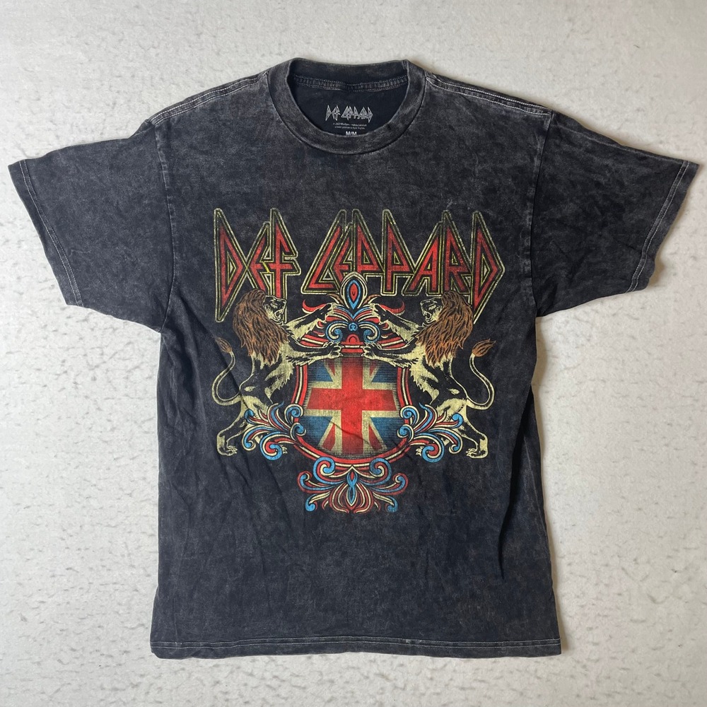 Def Leppard Mens Acid Wash Graphic T-Shirt Medium Black Union Jack Lions 2023